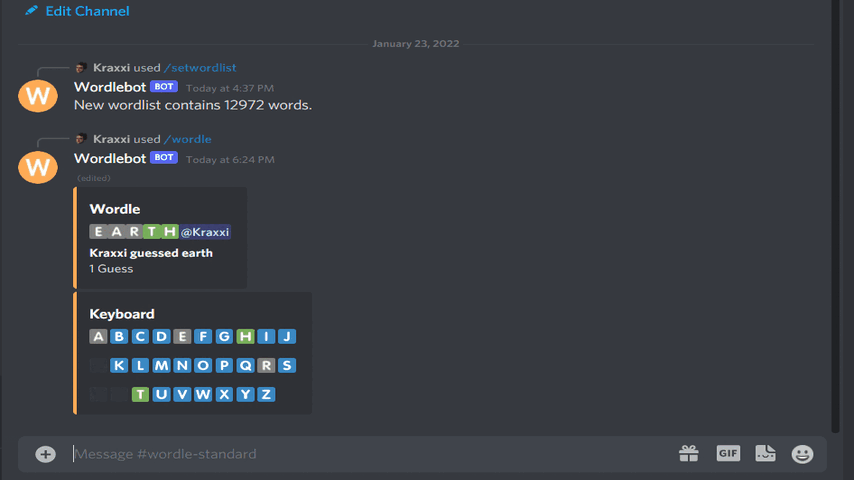 Wordlebot being used in Discord